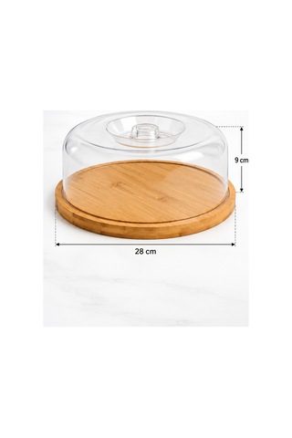 Bambu Tabanlı Şeffaf Kapaklı Kek Ve Pasta Sunumluk 28 Cm Yuvarlak Servis Tabağı Bej