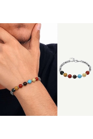 Tesbihane Metal Kral Zincirli Küre Kesim Çoklu Doğaltaş Gezegen Kombinli Erkek Şans Bilekliği Çok Renkli