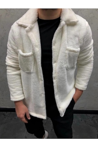 Unisex Ekru Düğme Detaylı Cepli Peluş Ceket Ekru