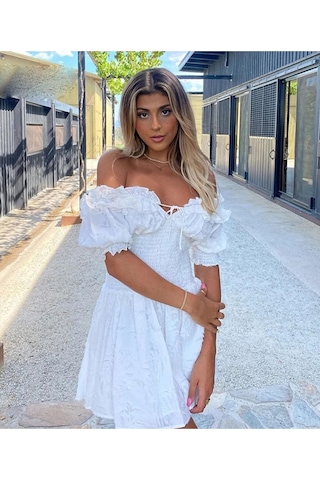 Fashion Cocktail Puff Kollu Tüylü Belden Lastikli Göğüs Bağlamalı Yazlık Doğal Bohem Şirin Yazlık Elbise Beyaz