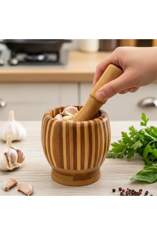 Porsima Pbt-409 Doğal Bambu Havan - Sarımsak Döveceği Ahşap Sarımsak Ezici Havan Döveç Ahşap