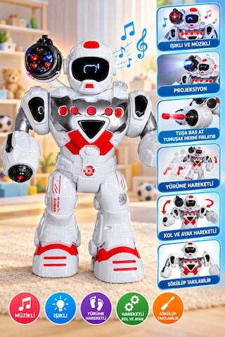 Işıklı Müzikli Yürüyen Projeksiyonlu Hareketli Kol Ve Bacaklı Sökülüp Takılabilir Robot Oyuncak