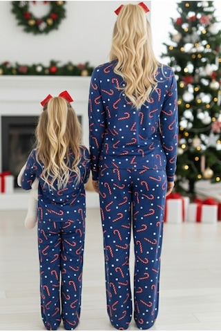 Siyah İnci %100 Pamuklu Şeker Baston Desenli Yılbaşı Temalı Örme Pijama Takım Lacivert Baston