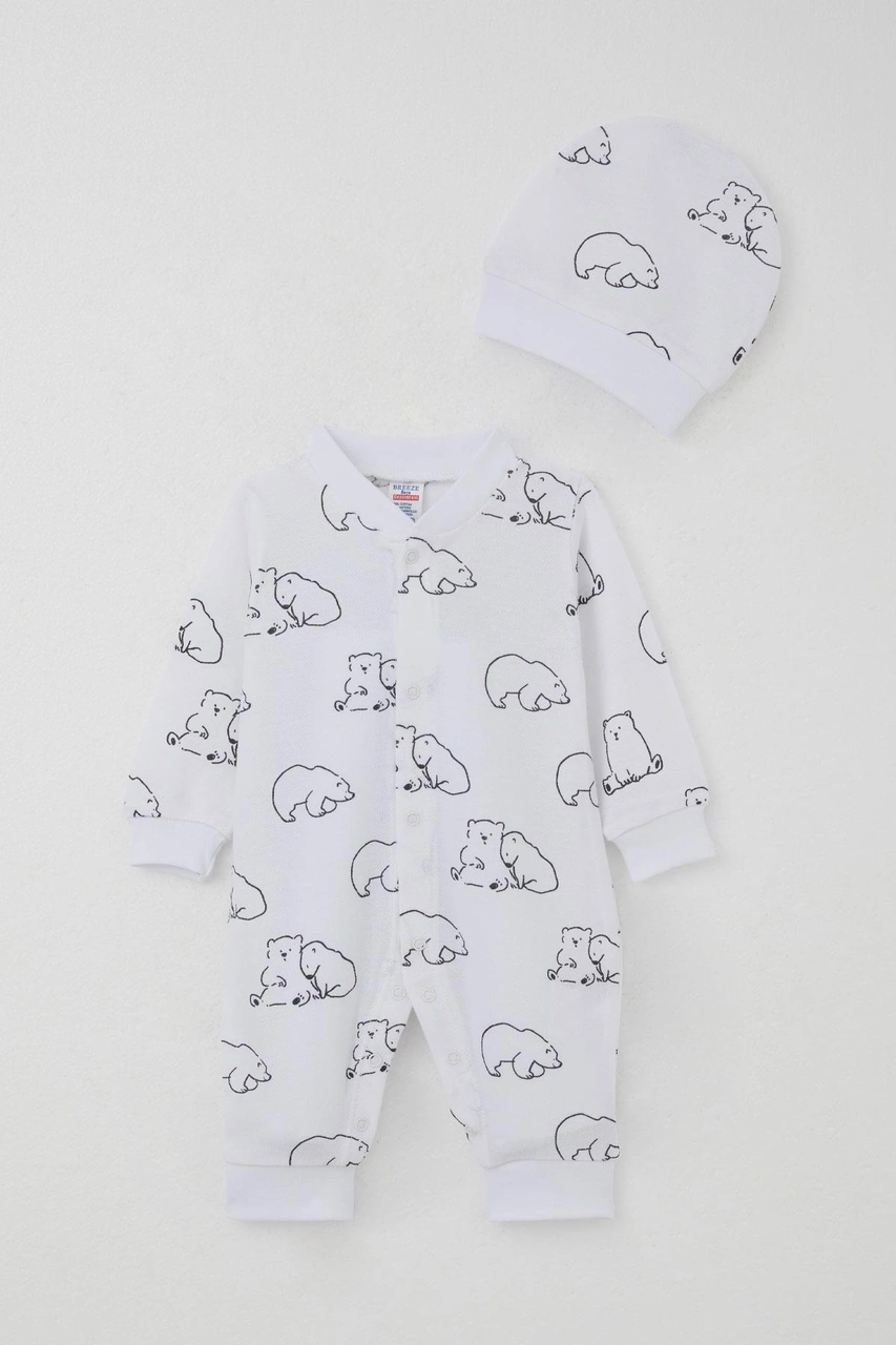 Breeze Erkek Bebek Tulum Sevimli Kutup Ayıcığı Desenli 0-6 Ay, Beyaz Beyaz