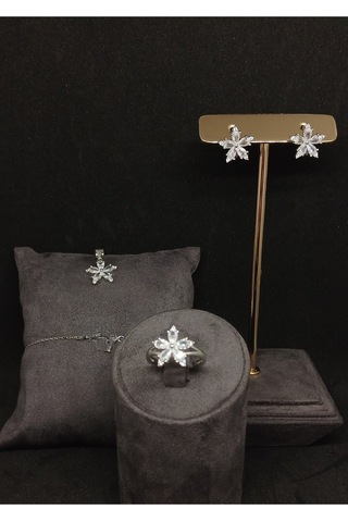 Çiçek Motifli Taşlı Gümüş Takı Seti 925 Ayar, Şık Ve Zarif Kadın Aksesuarı Gümüş