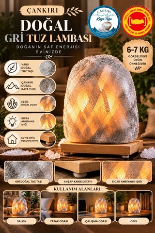Çankırı 6-7 Kg Gri Doğal Kaya Tuzu Lambası Ahşap Kaideli Dekoratif Lamba