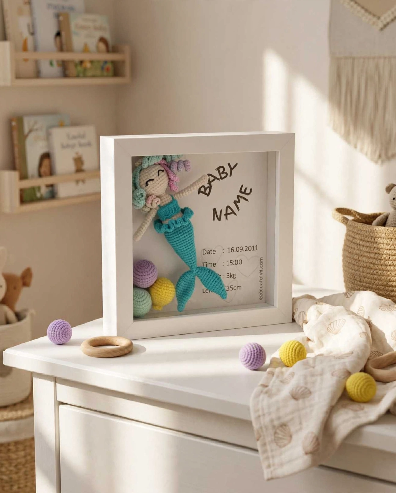 Kişiye Özel 3d Amigurumi Bebek Hatıra Çerçevesi : Deniz Kızı Beyaz Ahşap