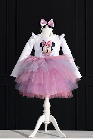 Minnie Mouse Uzun Kollu Doğum Günü Elbisesi Ve Parti Kostümü Beyaz