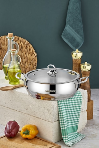 Cooker Lara 24 Cm İndüksiyon Uyumlu Paslanmaz Çelik Basık Tencere Ckr460 Gümüş