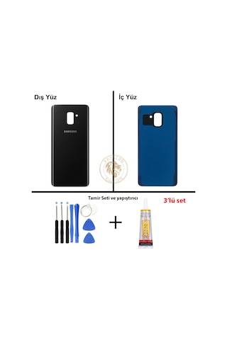 Samsung Galaxy A8 Plus 2018 A730 Siyah Renk Arka Kapak + Tamir Seti + B7000 Yapıştırıcı Arka Cam Batarya Kapağı Pil Kapağı Lazer Kesim Back Cover Galaxy A8 Plus Uyumlu