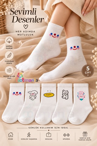 Footmania Kadın Sevimli Desenler 5 Çift Kolej Çorap Seti Beyaz