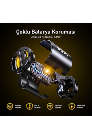 Aohi Superauto 2 Portlu Pd 65w Araç İçi Şarjı, 140w Led Ekranlı Naylon Örgülü Süper Hızlı Şarj Kablo