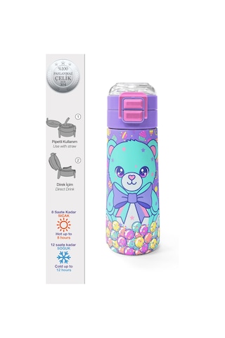 Coral High Kids Milka Şeker Ayıcık Desenli Pipetli Ve Direkt İçim Çelik Termos 500 Ml 38105 Su Yeşili
