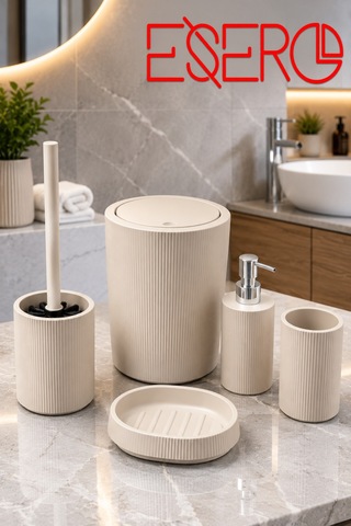 Esero 5'li Mat Krem Banyo Aksesuar Seti Çizgili Tasarım, Çöp Kovası, Wc Fırçası, Sıvı Sabunluk, Diş Fırçalık, Sabunluk