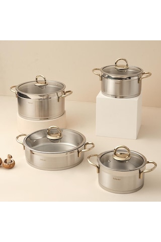 Hisar Orion İndüksiyon Tabanlı 8 Parça Çelik Tencere Seti Titanyum Gold