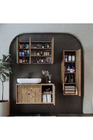 Oval Lavabolu Mdf 90 Cm Çekmeceli Banyo Dolap + Aynalı Dlp Atl Atlantik Çam