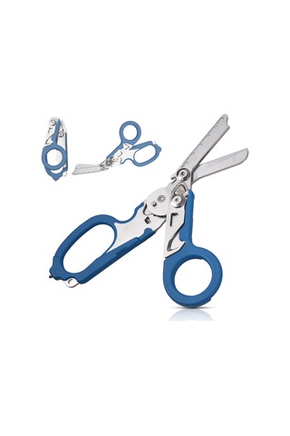 Hfambition Mavi Çok Fonksiyonlu Folding Makas - Dış Mekan Kamp Araçları, Cam Kırıcı, Şişe Açıcı, Ölçü Çizgili Dayanıklı Gereç