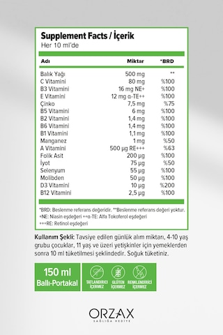 Multi Multivitamin Multimineral + Omega3 Balık Yağlı, Ballı Portakal Aromalı Şurup 150 Ml