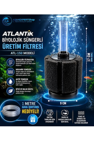 Atlantik Biyolojik Süngerli Üretim Filtresi - Temizlik Filtresi - Pipo Filtre - Aktif Temizlik - . 17x Cm - 1 Metre Hava Hortumu Hediye