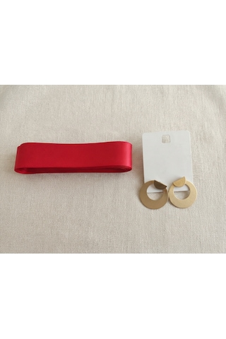 Ludıa Kırmızı 30 Mm X 10 Metre Saten Kurdele Ve Altın Renk Metal Halka Küpe 3.5x3.5 Cm Seti 1
