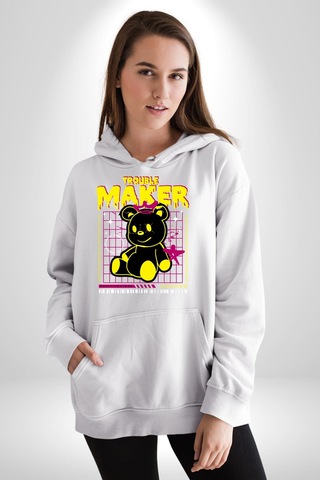 Baş Belası Teddy Kadın Erkek Beyaz Kapüşonlu Sweatshirt Hoodie Beyaz