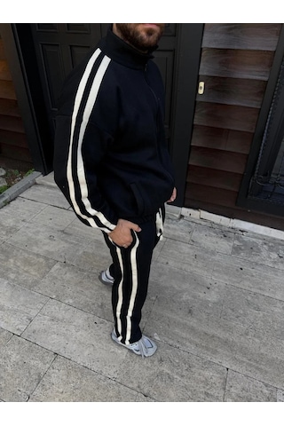 Erkek Çift Şeritli Eşofman Takım Dik Yaka Fermuarlı Sweatshirt Boru Paça Alt, Oversize 3 İplik Pamuk Siyah