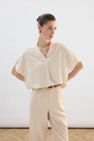 Sateen Geniş Kısa Kollu Bluz - Bej-136759 Bej