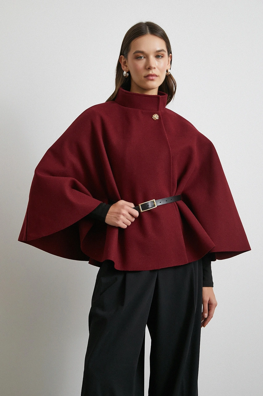 Kemerli Kaşe Panço Bordo Bordo