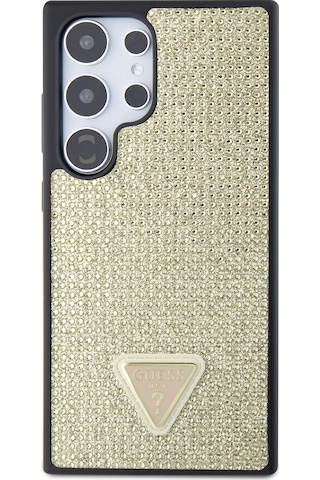Galaxy S24 Ultra Uyumlu Kılıf Guess Lisanslı Taşlı Arka Yüzey Üçgen Logolu Kapak Pembe