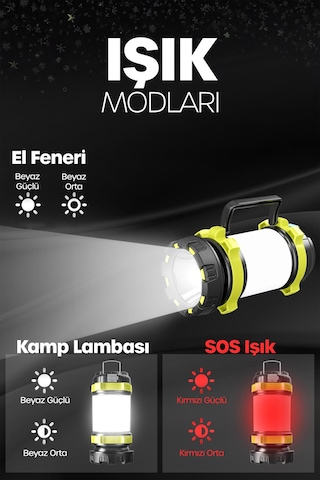 6 Mod Şarjlı Kamp Lambası El Feneri Powerbank Özellikli Su Geçirmez Led Işıldak Yeşil 47703 Gri