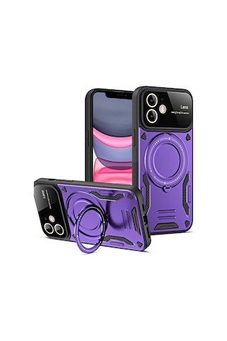 Apple Uyumlu iPhone 11 Kılıf Tam Koruma Sağlayan Manyetik Standlı Tank Silikon Kapak Ryc/joy Lens Mor