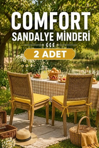Comfort 2 Adet Sandalye Minderi Bağcıklı Özel Dikişli Süngerli Pamuklu Kumaş Sandalye Minderi Puanlı Sarı