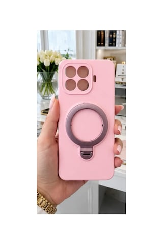 Mi 17t Pro İle Uyumlu 360 Derece Dönebilen Kalın Metal Magsafe Halka Stantlı İçi Kadife Korumalı Ultra Lüx Premium Silikon Kılıf Pembe