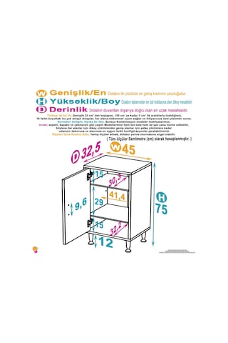 Eliusta Sabir 45 Cm 2 Raflı Beyaz Banyo Mutfak Dolabı 3 Bölmeli Çok Amaçlı Dolap 45x75x32,5 Cm Düzenleyici Beyaz