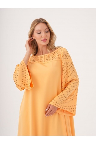 Taş İşlemeli Geniş Kol Detaylı Salaş Abiye Elbise Somon