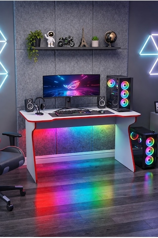 Profesyonel Rgb Ledli Oyuncu Masası 140 75 75 Cm Bilgisayar Masası Gamer Çalışma Masası Beyaz