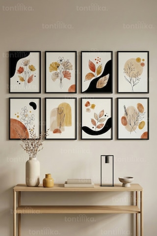 8 Parça Modern Soyut Botanik Çizimler Dekoratif Çerçeve Görünümlü Tablo Seti - Bitki Ve Çiçek Tema