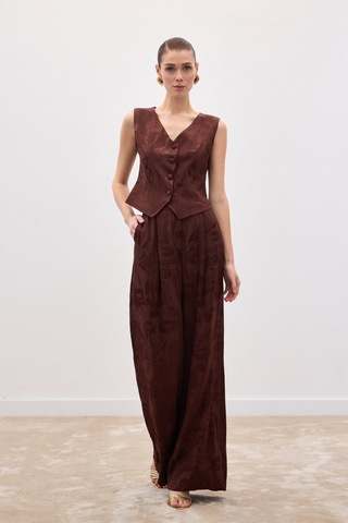 Sateen Jakarlı Bol Pantolon - Kahve-136817 Kahve