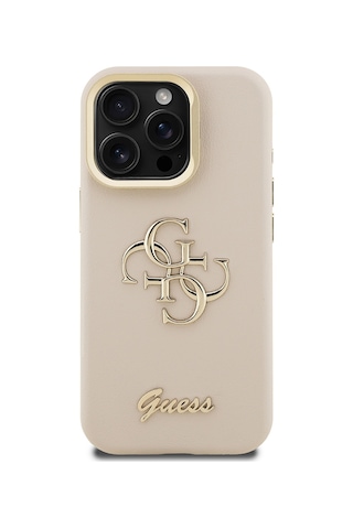 Apple iPhone 15 Pro Max Uyumlu Kılıf Guess Lisanslı Grained Yazı Logolu Kamera Standlı Kapak Bej