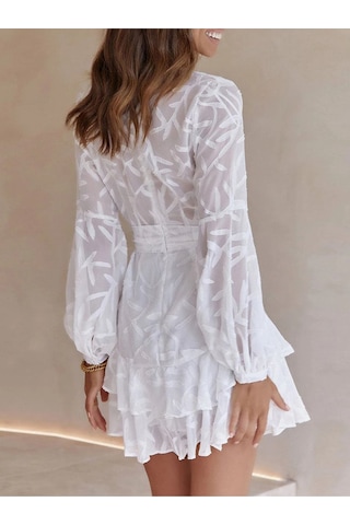 Fashion Cocktail Kabartma Yaprak Dal Desenli Uzun Kollu Kemerli Bohem Mini Elbise Beyaz