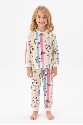 Bunny Hopp Kız Çocuk Uzun Kollu Pijama Takımı %100 Pamuk Renkli Çizgili Unicorn Ve Kedili Penye Çok Renkli