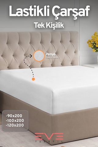 Eve Tekstil Fitted Yüksek Kaliteli Penye Kumaş Tek Kişilik Lastikli Çarşaf Beyaz
