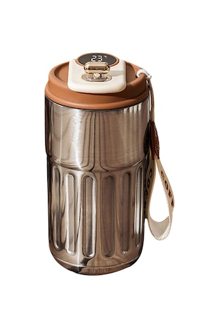 Springsun 450ml Akıllı Sıcaklık Ölçer Termos Bardak - 316 Çelik, 6-12 Saat Isı Saklama, Ev Ofis Dışarı Kullanıma Uygun, Gümüş Kahve Rengi