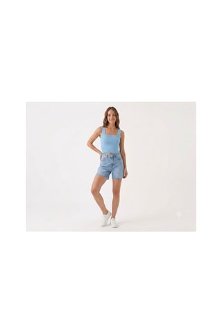 Onno Style Women Kolsuz Askılı Kare Yaka Fitilli Triko Kadın Bluz Mavi