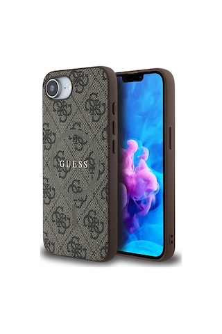 Apple Uyumlu iPhone 16e Kılıf Guess Lisanslı M-safe Pu Halkalı 4g Desenli Yazı Logolu Kapak Kahve