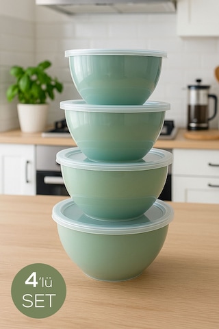 4 Lü Yuvarlak Kase Seti Mint Yeşili 1l, 1.5l, 2.3l, 3.3l Kapaklı Çok Amaçlı Mutfak Saklama Kabı Yeşil