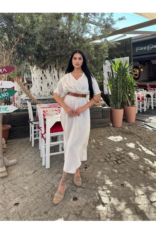 WeShaya Taş Kruvaze Midi Kemerli Elbise Taş
