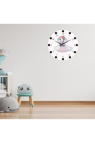 Sevimli Fil Temalı İsimli Cam Duvar Saati Çocuklara Özel Tasarım 20x20 Beyaz