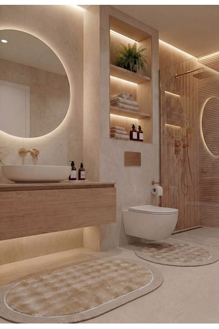 Modern Jüt Kenar Çerçeveli Peluş Banyo Halı Seti Kaymaz Taban 2 Li 100x60-60x60 Daire Altın