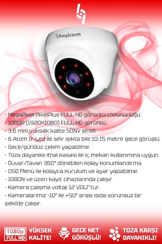 Bayicam 6 Kameralı Dome 6 İç Kamera Set 1 TB HDD Full HD Gece Görüşlü Güvenlik Kamerası Sistemi